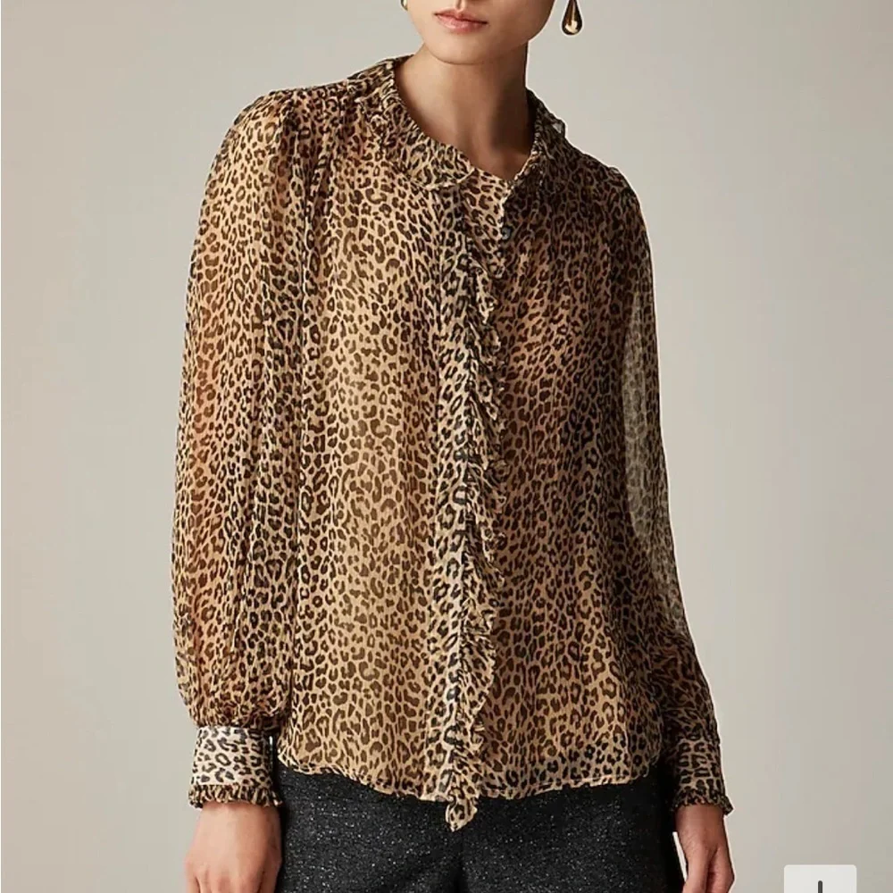 J crew Ruffle button-up shirt in leopard-print crinkle chiffon